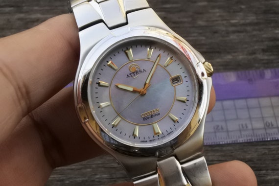 Vintage Citizen Atteza Eco Drive Peal Dial Men Quartz Watch Japan Round Shape 38mm Etsy Canada