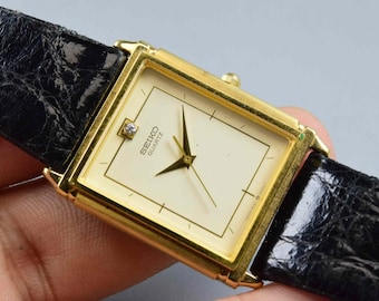 Vintage Seiko Gold Plated 5P31 5C50 Yellow Dial Men Quartz Watch Japan Square Tank Shape 28mm