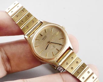 Vintage Seiko Gold Plated 1320 5140 Yellow Dial Lady Quartz Watch