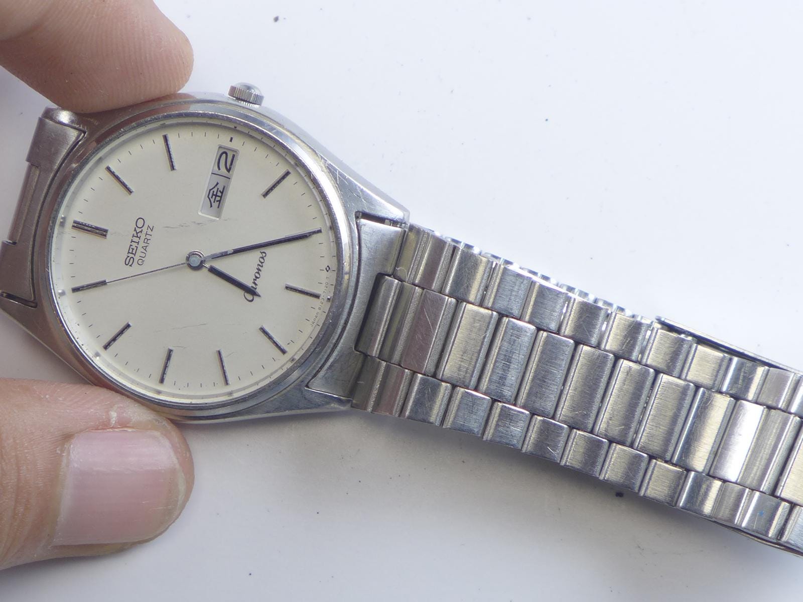 Vintage Seiko Chronos 8123 7080 White Dial Men Quartz Watch Japan