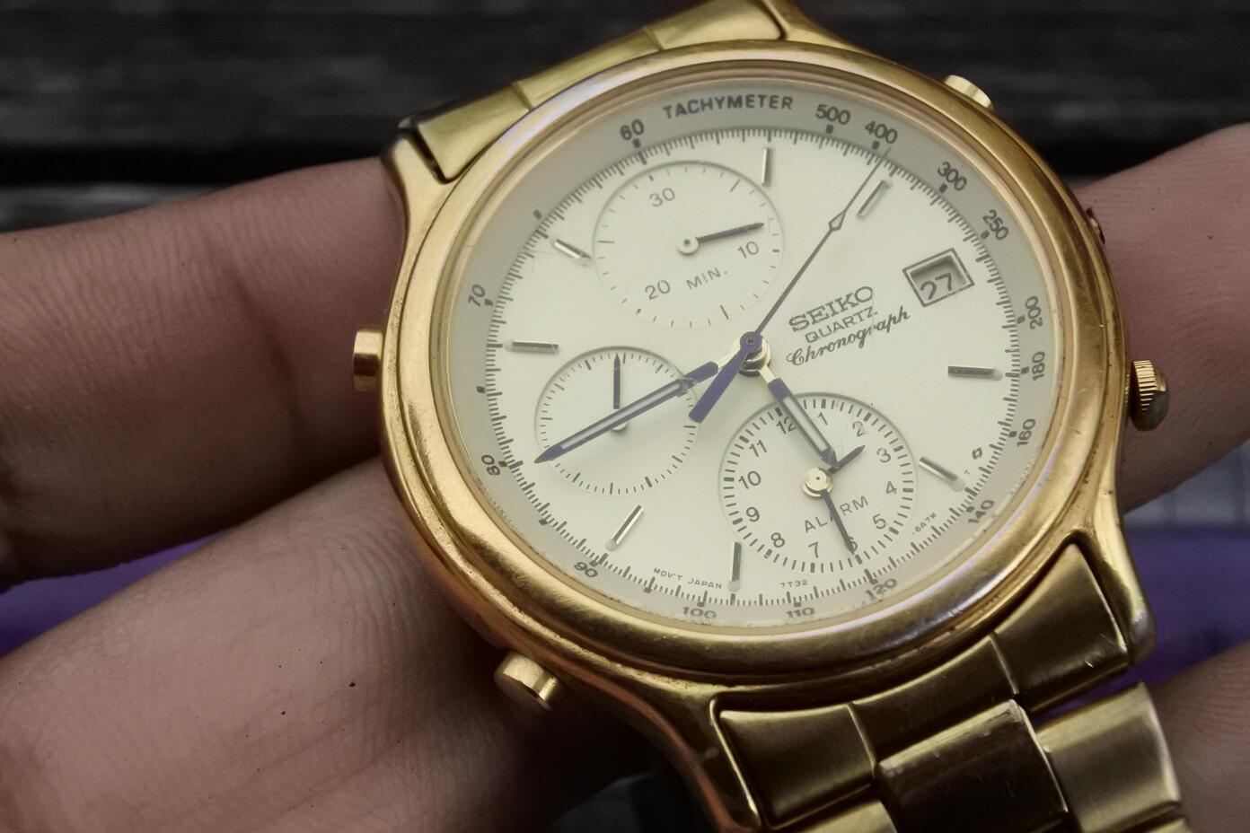 Vintage Seiko Chronograph 7T32 6A5A Yellow Dial Men Quartz Watch 