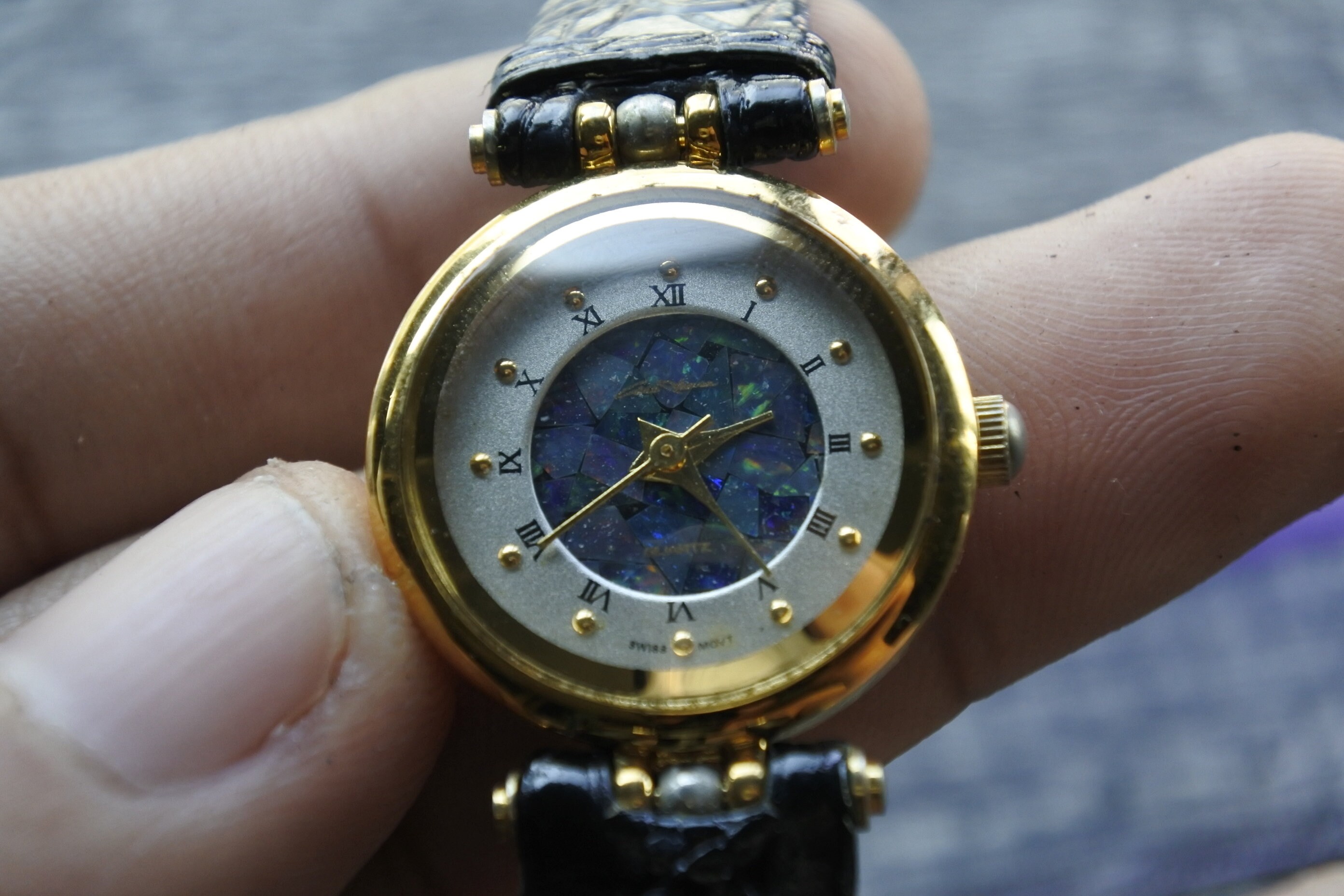 Vintage Australian Black Opal Lady Quartz Watch Swiss Made Round