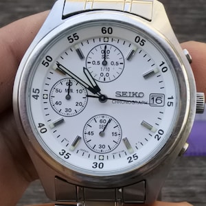 Vintage Seiko Chronograph V657 7100 White Dial Men Quartz Watch