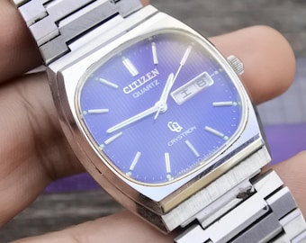 Vintage Citizen Crystron Blue Dial Men Quartz Watch Japan JDM Cushion Shape  38mm