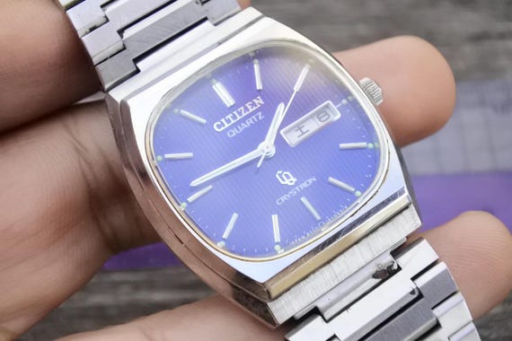 Vintage Citizen Crystron Blue Dial Men Quartz Watch Japan JDM