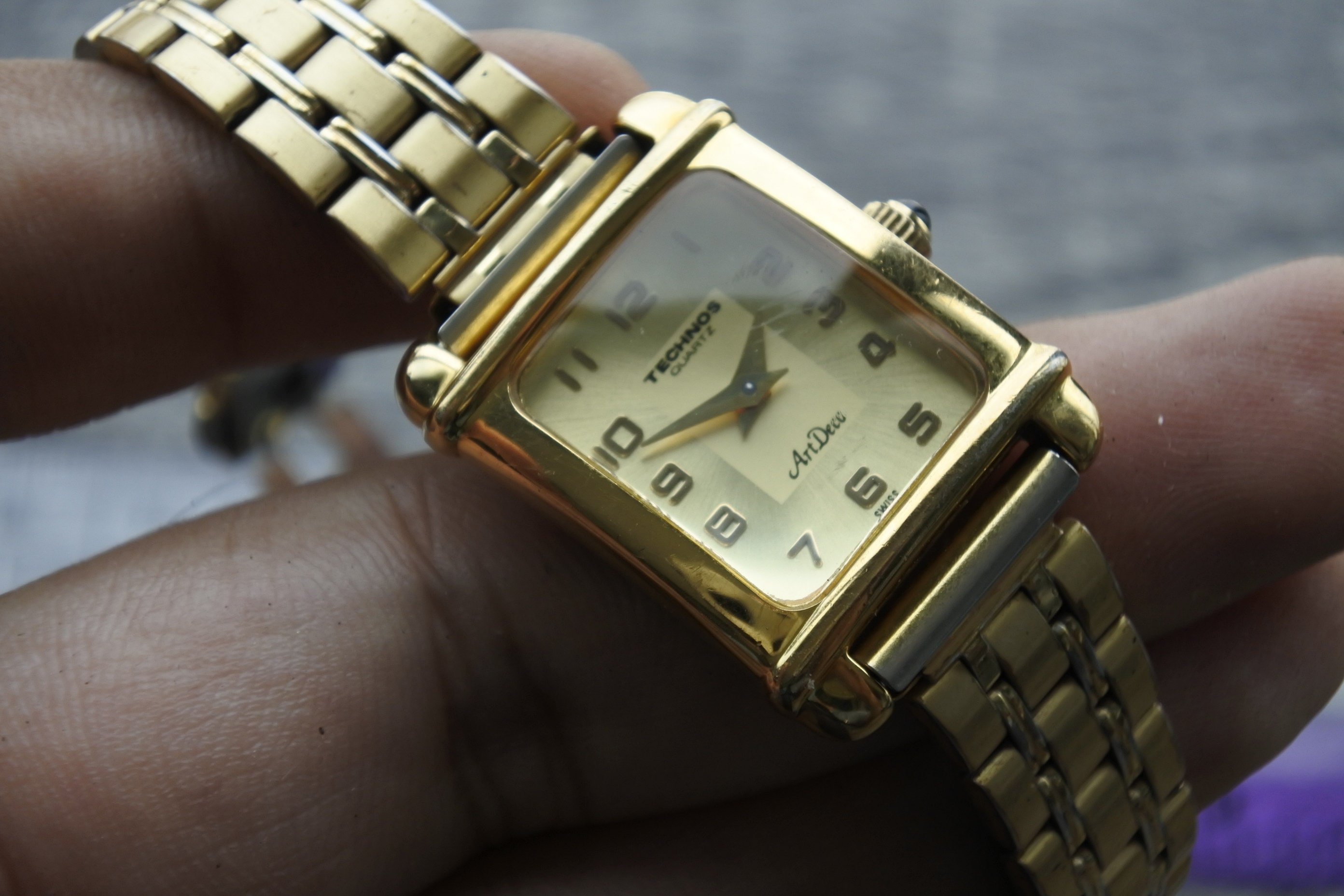 Vintage Technos Artdeco Square Tank Shape Gold Plated Lady Quartz