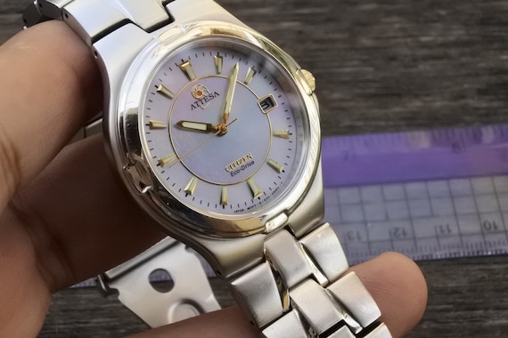 Vintage Citizen Atteza Eco Drive Peal Dial Men Quartz Watch Japan