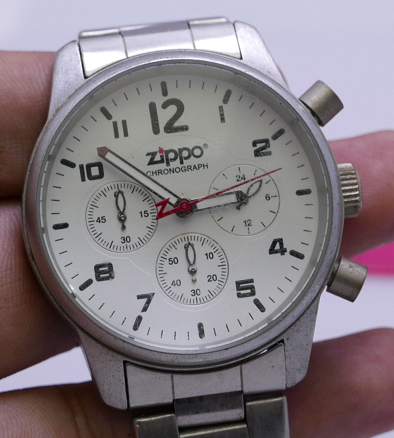 Vintage Zippo Chronograph White Dial Men Quartz Watch Japan Round