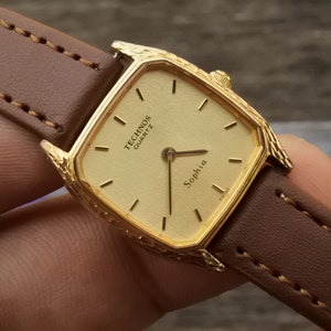 Vintage Technos Sophia  Textured Dial Lady Quartz Watch Swiss Made Square Tank Shape 22mm All Original Part