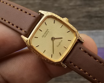Vintage Technos Sophia  Textured Dial Lady Quartz Watch Swiss Made Square Tank Shape 22mm All Original Part