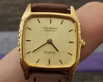 Vintage Technos Sophia texturiertes Zifferblatt Lady Quarzuhr Swiss Made Square Tank Form 22mm Alle Originalteil