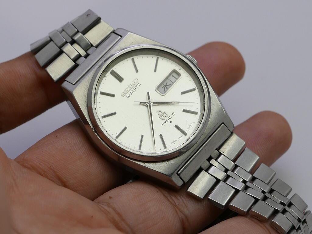 Vintage Seiko Type II 7546 7050 Silver Dial Men Quartz Watch Japan