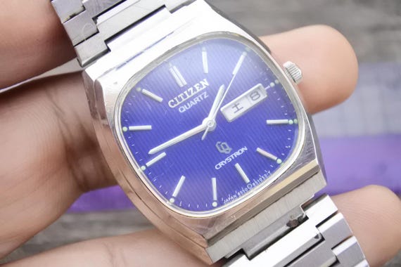 Vintage Citizen Crystron Blue Dial Men Quartz Watch Japan JDM