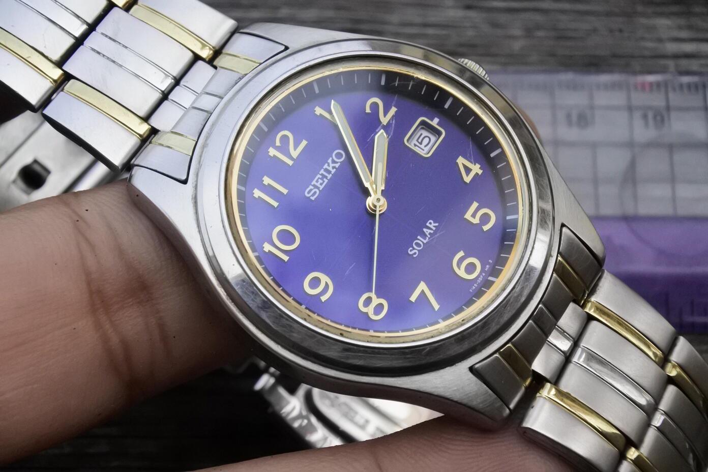 Vintage Seiko Solar V145 0BV0 Blue Dial Men Quartz Watch Japan