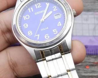 Vintage Seiko Solar V145 0BV0 Blue Dial Men Quartz Watch Japan