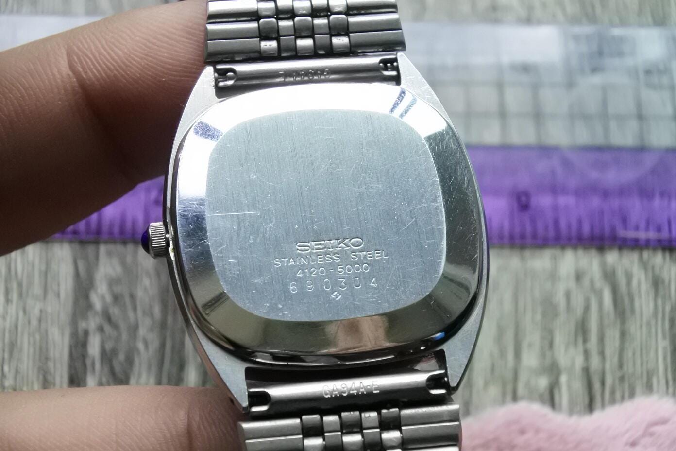 Vintage Seiko 4120 5000 Blue Dial Men Quartz Watch Japan Cushion