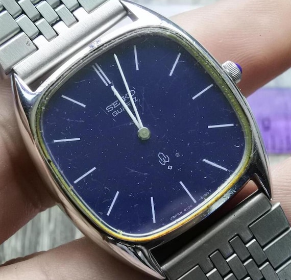 Vintage Seiko 4120 5000 Blue Dial Men Quartz Watch Japan Cushion
