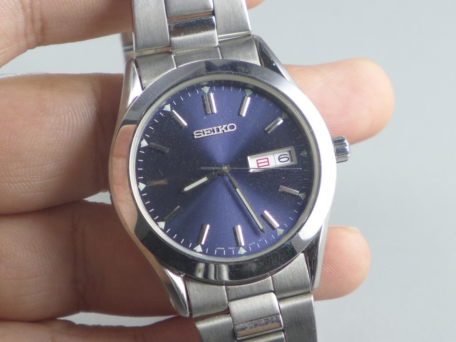 SEIKO 7N43-9080 1993年製 ネイビー デイデイト 純正ブレス Vintage Seiko 7N43 9080 Blue Dial Men Quartz Watch Japan JDM Round