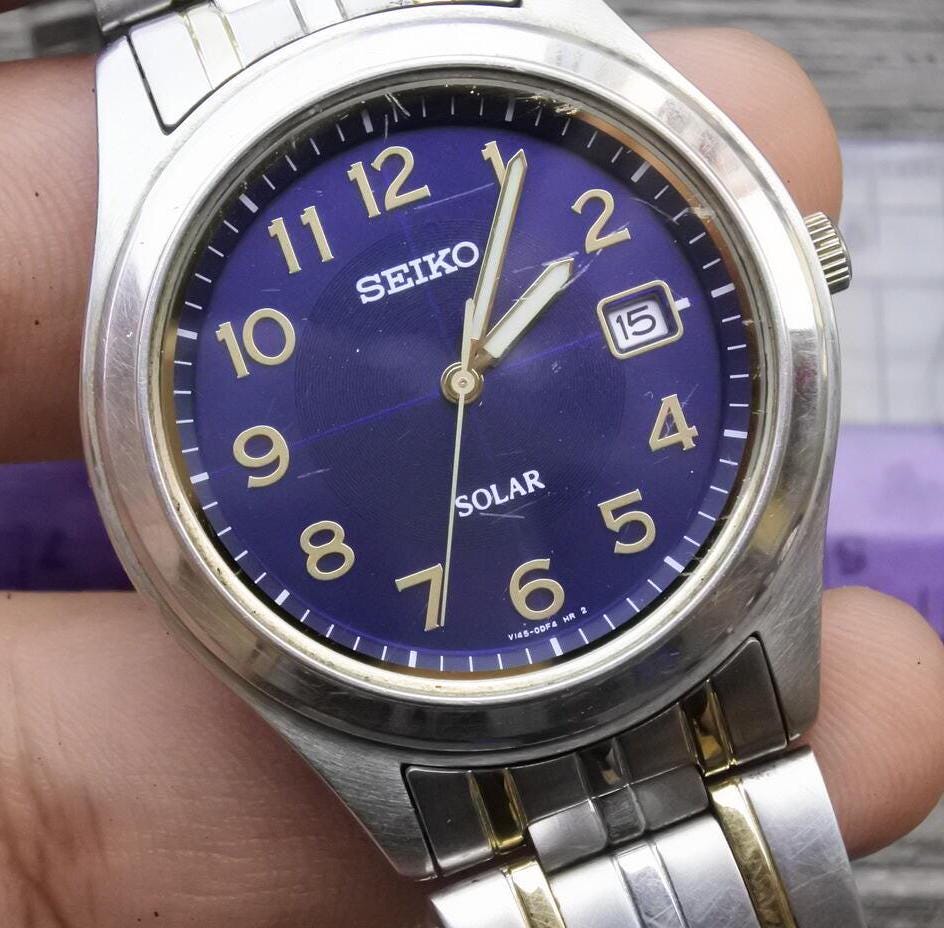 【稼働品】セイコー SOLAR 腕時計 V145-0BV0 メンズ Vintage Seiko Solar V145 0BV0 Blue Dial Men Quartz Watch Japan