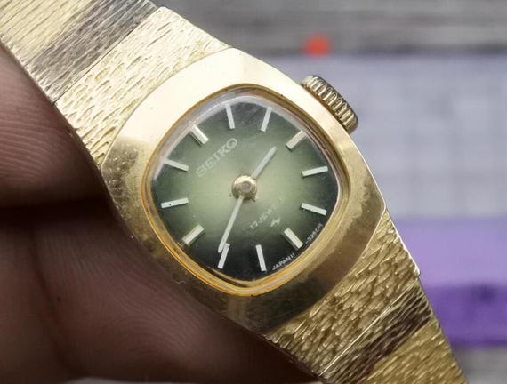 Vintage Seiko Gold Plated 11 3380 Green Dial Lady Hand Winding