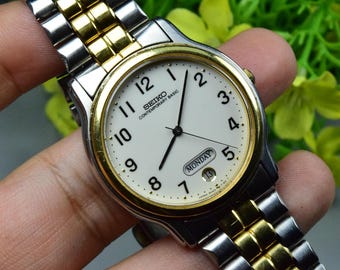 Reloj vintage Seiko Contemporary Basic 5H23 7080 para hombre, esfera blanca, cuarzo, dos tonos, pulsera, Japón JDM, forma redonda, 35 mm