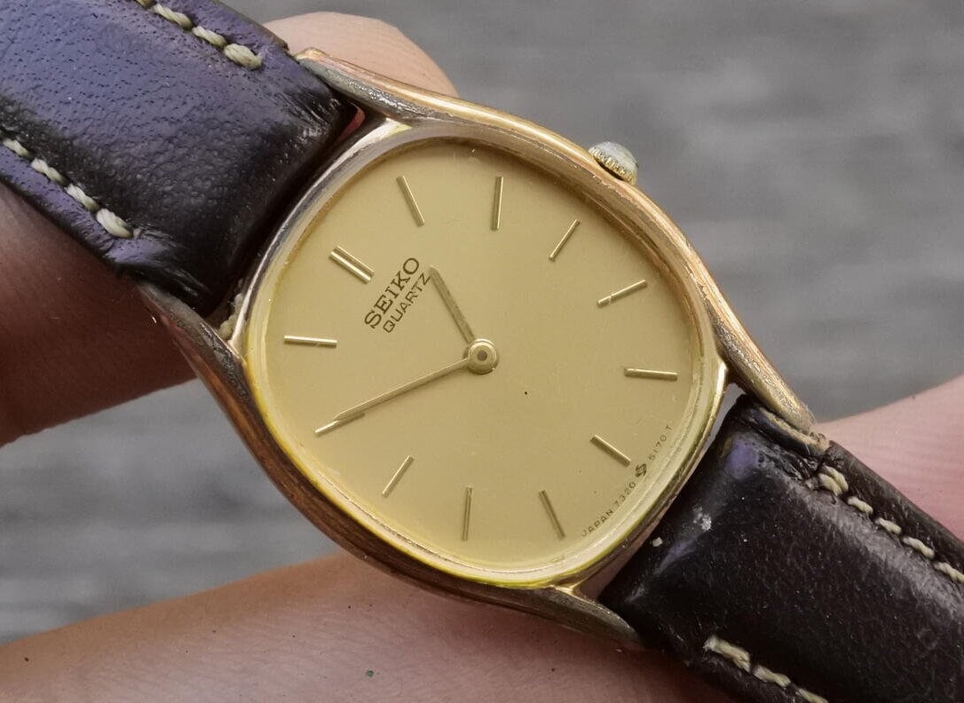 Vintage Seiko Gold Plated 7320 5110 Yellow Dial Lady Quartz Watch