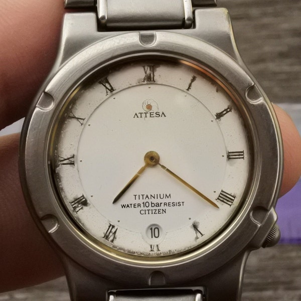 Vintage Citizen Atteza Titanium  Roman Numeral Dial Men  Quartz Watch Japan Round Shape 33mm Titanium Body