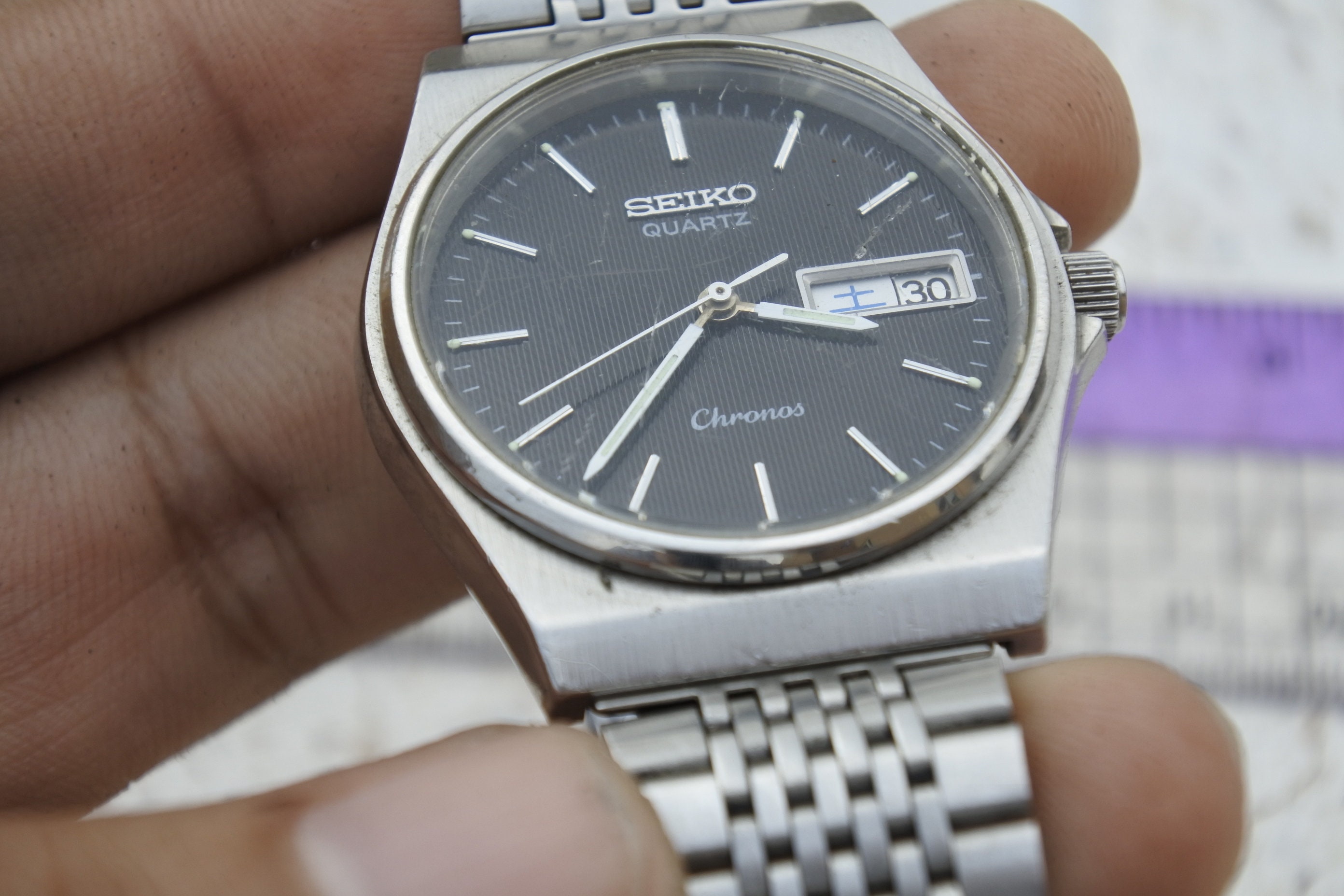 Vintage Seiko Chronos 8123 7090 Black Dial Men Quartz