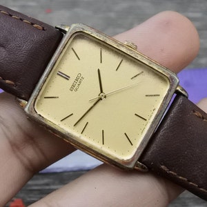 Vintage Seiko Gold Plated 7431 5100 Yellow Dial Men  Quartz Watch Japan Rectangular Shape 27mm