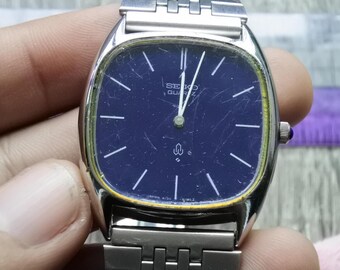 Vintage Seiko 4120 5000 Blue Dial Men Quartz Watch Japan Cushion