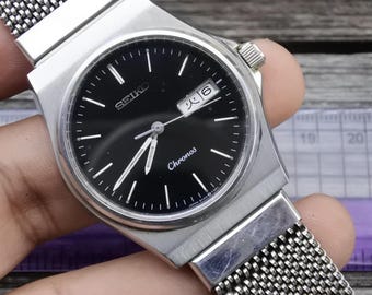 Vintage Seiko Chronos 5H23 7D20 Black Dial Men Quartz Watch Japan