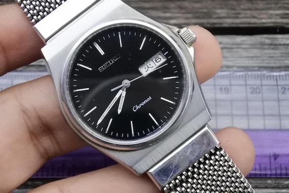 Vintage Seiko Chronos 5H23 7D20 Black Dial Men Quartz Watch Japan