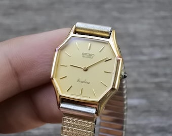 Vintage Seiko Exceline Gold Plated 8420 5430 Golden Dial Lady Quartz Watch Japan Octagonal Shape 22mm