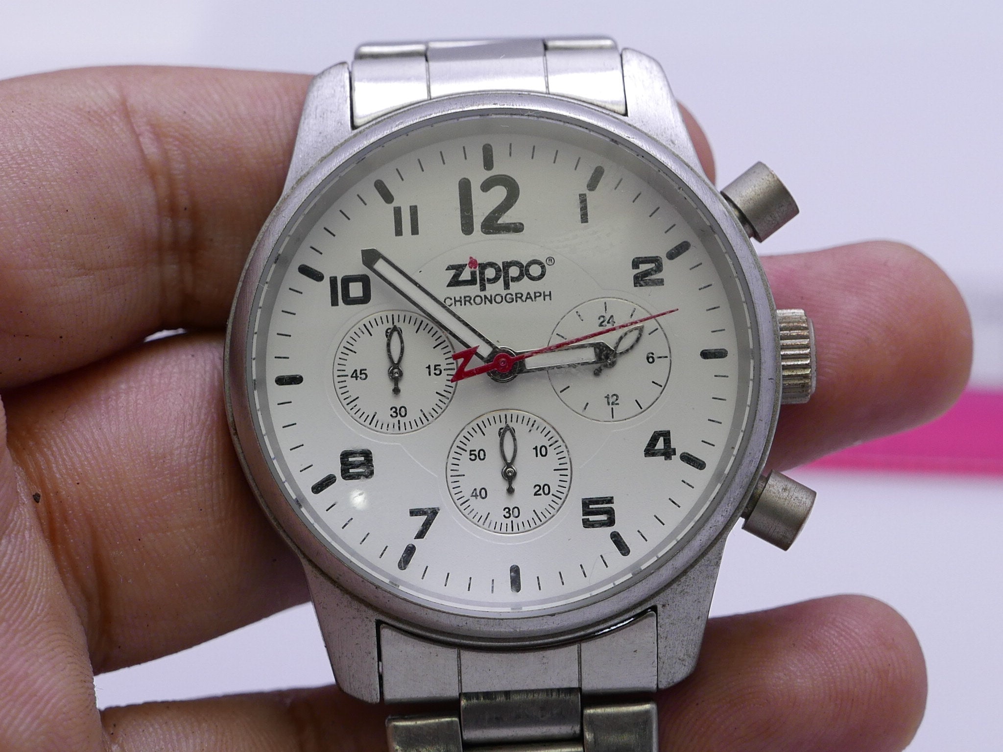 Vintage Zippo Chronograph White Dial Men Quartz Watch Japan Round