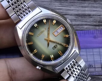 Vintage Citizen Cosmotron 7803 Green Dial Men Quartz Watch Japan