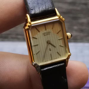 Vintage Citizen Gold Plated 2200 Yellow Dial Lady Quartz Watch Japan JDM Square Tank Shape 20mm
