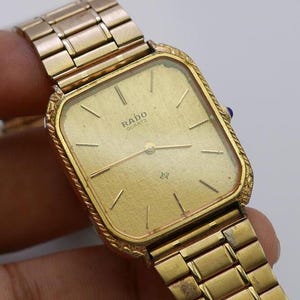Vintage Rado Gold Plate 128.9501.2 Textured Dial Men  Quartz Watch Swiss Made Square Tank Shape 30mm
