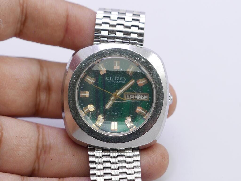 ヴィンテージ シチズン 6501 ファセットガラス グリーン ダイヤル
