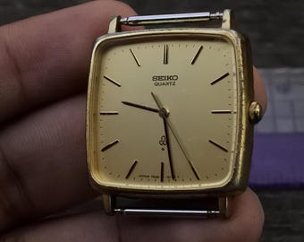 Vintage Seiko Gold Plate 7830 5140 Yellow Dial Men Quartz Watch