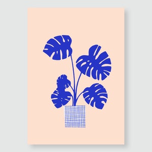 Art print »Monstera« — blue/salmon / handprinted