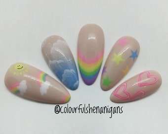 Rainbow Mix 'n Match press on nails, Hand Painted nail art, Custom nail, Fake nail, Reuse nail, Design press on nail, Coffin nail