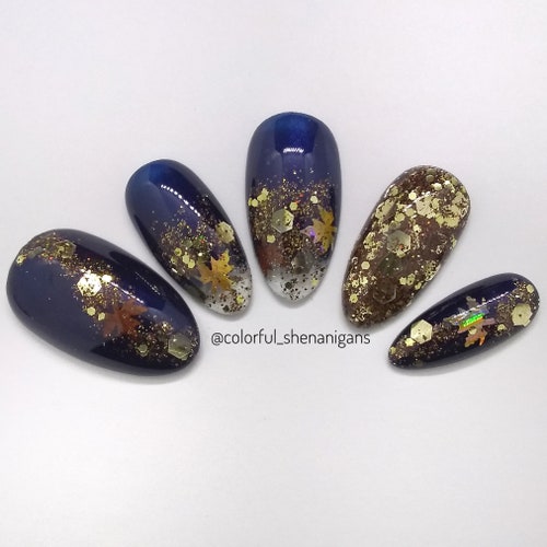 Dark Purple and Orange Fall Glitter Leaf Press on Nails Press - Etsy