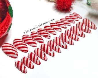 Christmas Candy Cane Glitter nails, ready to ship nails, hand painted nail art, Christmas press on nails, almond nails, reusable nails