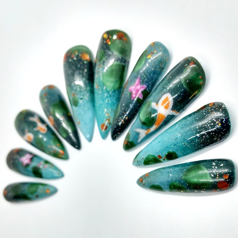 Koi Fish Zen Pond Press on Nails Ready to Ship Nails Hand - Etsy