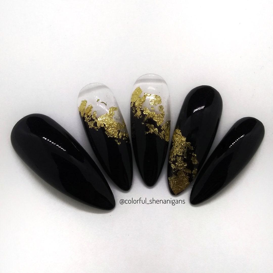 Black and Gold Leaf Chrome Press on Nail Custom Nail Coffin - Etsy