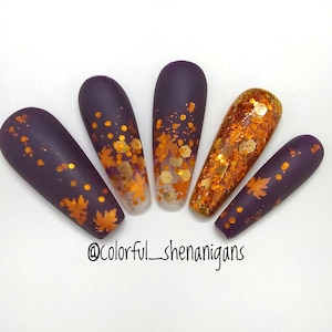 Dark Purple and Orange Fall Glitter Leaf press on nails, Press on nails with art, glue on nails, fake nails, press on nails with design