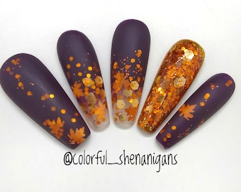 Dark Purple and Orange Fall Glitter Leaf press on nails, Press on nails with art, glue on nails, fake nails, press on nails with design