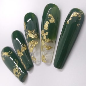 Green and Gold Leaf Chrome Press on Nail Custom Nail Coffin - Etsy