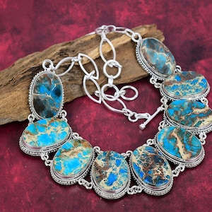 Blue Copper Turquoise Necklace 925 Sterling Silver Necklace Oval Gemstone Necklace For Chain Handmade Silver Jewelry Party Wear Gift