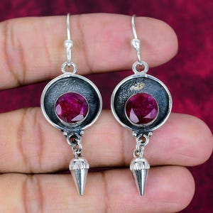 Ruby Earrings, Amazing Red Ruby Gemstone Dangle Earring, 925 Sterling Silver Handmade Jewelry Statement Boho Earrings, Wedding Gift For Her
